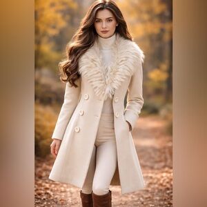 RARE Penny Lane Feminiella Arctic Fox Collar Cream Wool Coat True Vintage Small